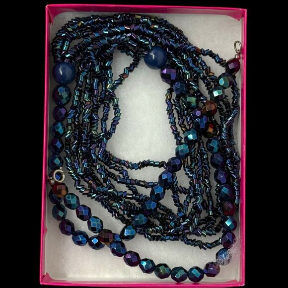 Peacock Blue Purple Multi Strand Iridescent Bead Necklace Faceted Glass - Picture 3 of 7